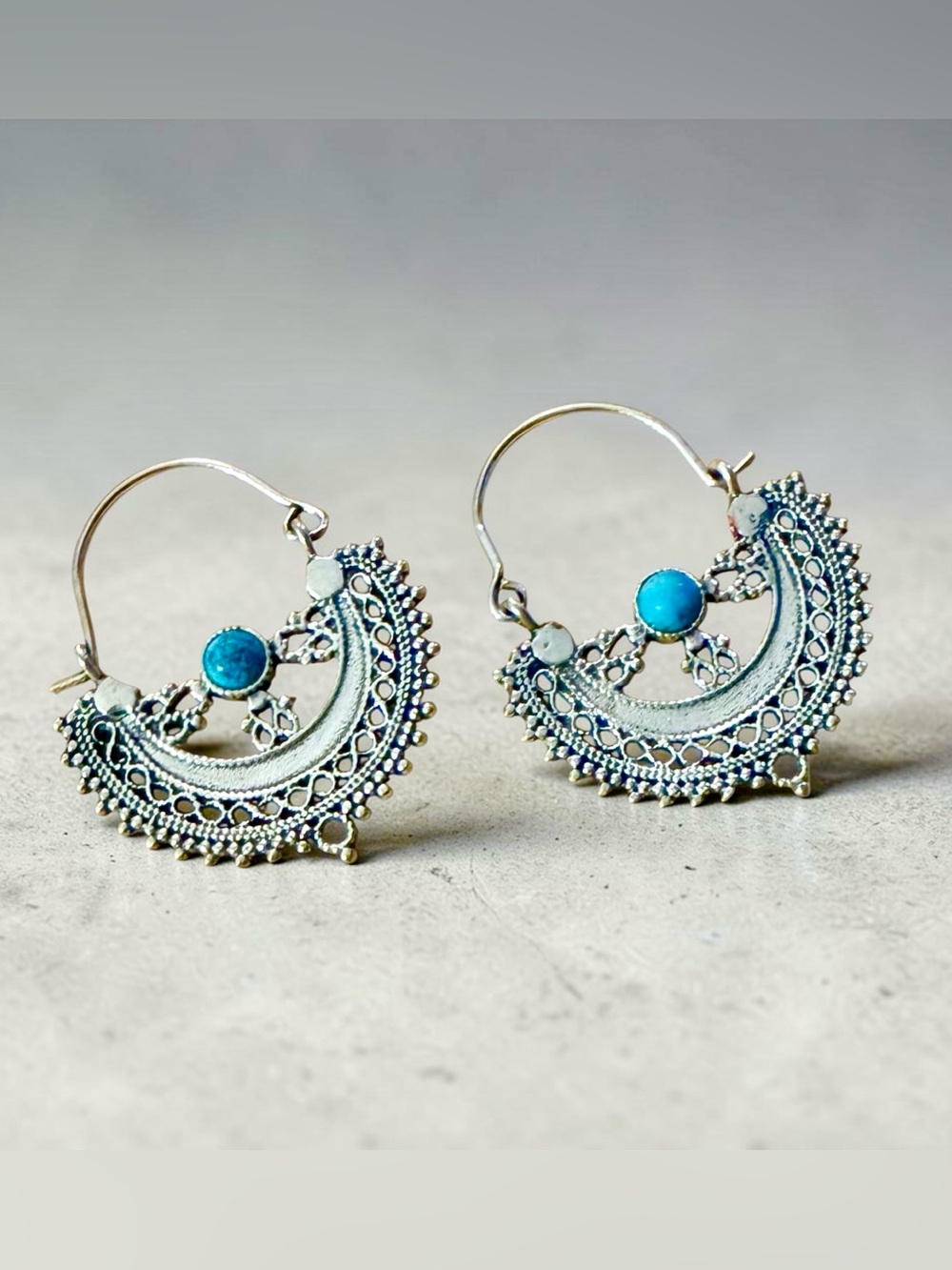 Silver & Turquoise Accent Filigree Hoop Earrings